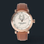 Personalized Classic Wedding Rose Gold & Brown Lea 腕時計<br><div class="desc">Personalized Classic Wedding Rose Gold & Brown Leather Custom Timepiece Descriere (SEO): Create a timeless keepsake with this Personalized Classic Wedding Watch, crafted with a warm brown leather strap, elegant rose gold casing, and minimalist Roman numeral dial. Perfectly customizable with your names and wedding date, this watch combines classic design...</div>