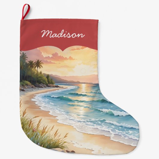 Personalized Coastal Beach and Sand Blue Ocean ラージクリスマスストッキング (正面)