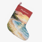Personalized Coastal Beach and Sand Blue Ocean ラージクリスマスストッキング (正面 (吊り時))