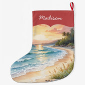 Personalized Coastal Beach and Sand Blue Ocean ラージクリスマスストッキング (裏面)