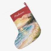 Personalized Coastal Beach and Sand Blue Ocean ラージクリスマスストッキング (裏面 (吊り時))