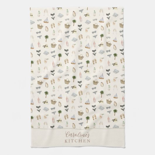 Personalized Coastal Summer Getaway Pattern キッチンタオル (縦)