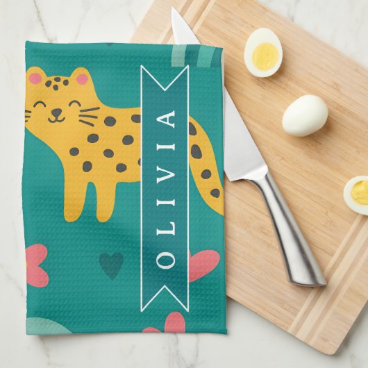 Personalized Colorful Fun Leopard Jungle Name Gift キッチンタオル (四つ折り)