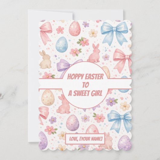 Personalized Coquette Bunny & Pink Bow Easter シーズンカード (正面)