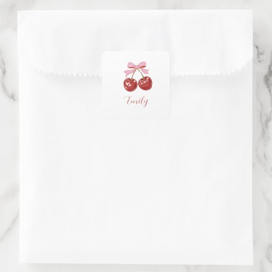  Personalized Coquette Cherry Bow Name スクエアシール (バッグ)