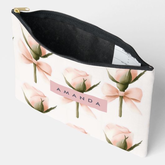 Personalized Coquette Pattern Blush Rose & Bow  アクセサリーポーチ (見開き)