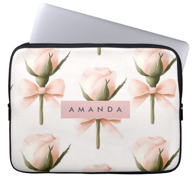 Personalized Coquette Pattern Blush Rose & Bow  ラップトップスリーブ (正面)