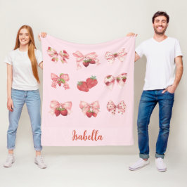 Personalized Coquette Strawberry & Bow  Fleece Bla フリースブランケット