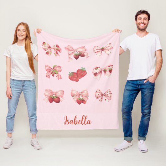 Personalized Coquette Strawberry & Bow  Fleece Bla フリースブランケット (インサイチュ)