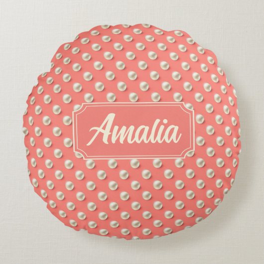 Personalized Coral Polka Dot Throw Pillow  ラウンドクッション (正面)