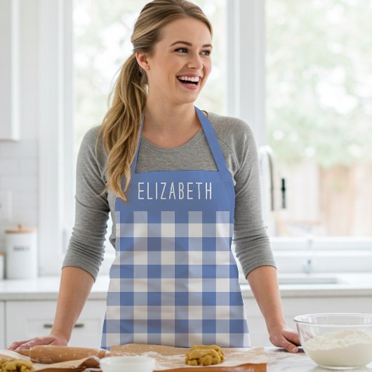 Personalized Cornflower Blue Gingham Check Pattern エプロン