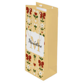 Personalized Cottagecore Floral Bow Yellow Red ワインギフトバッグ