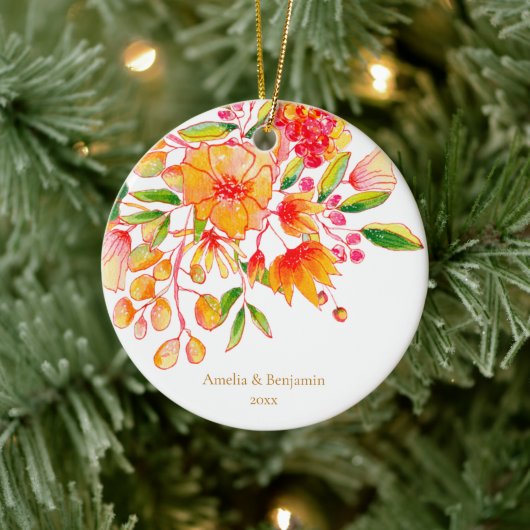 Personalized Couple Names Floral Orange Christmas セラミックオーナメント (ツリー)