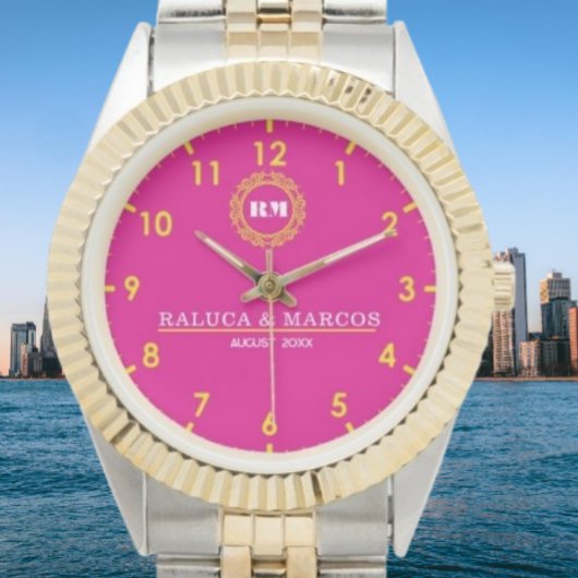 Personalized couple names monogram pink and yellow 腕時計