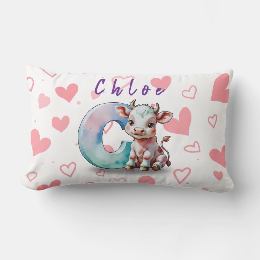 Personalized Cow Lumbar Pillow – Baby Name & Heart ランバークッション (正面)