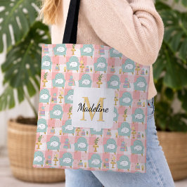 Personalized Cozy Cat & Book Tote Bag Girly Pink トートバッグ