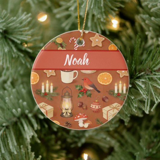 Personalized Cozy Christmas Name Ornament, Rustic セラミックオーナメント (ツリー)