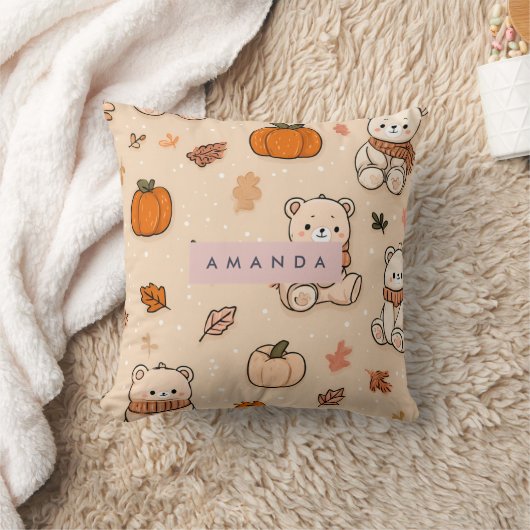 Personalized Cozy Fall Autumn Pumpkin & Teddy Bear クッション (ブランケット)