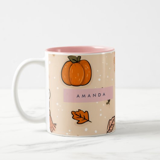 Personalized Cozy Fall Autumn Pumpkin & Teddy Bear ツートーンマグカップ (左)