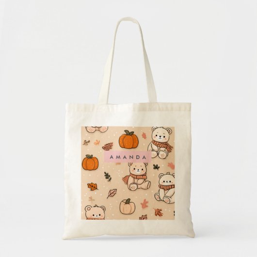 Personalized Cozy Fall Autumn Pumpkin & Teddy Bear トートバッグ (正面)