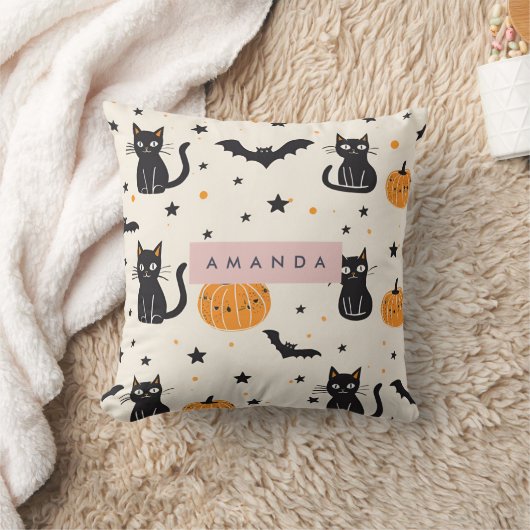 Personalized Cozy Fall Halloween Black Cat Pumpkin クッション (ブランケット)