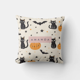 Personalized Cozy Fall Halloween Black Cat Pumpkin クッション