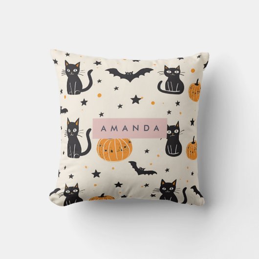 Personalized Cozy Fall Halloween Black Cat Pumpkin クッション (正面)