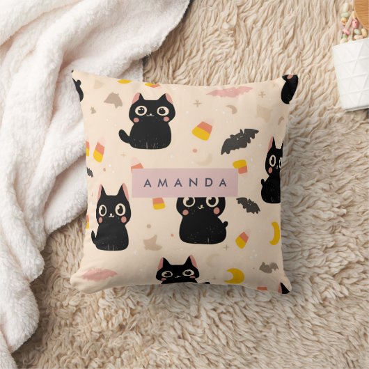 Personalized Cozy Fall Halloween Cute Black Cat  クッション (ブランケット)