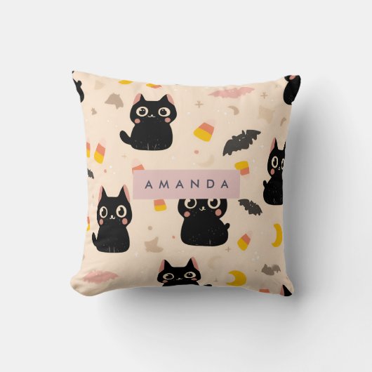 Personalized Cozy Fall Halloween Cute Black Cat  クッション (正面)