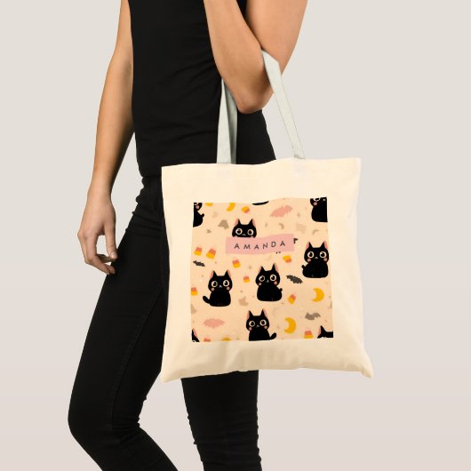 Personalized Cozy Fall Halloween Cute Black Cat トートバッグ (正面(商品))