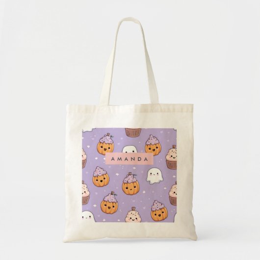 Personalized Cozy Fall Halloween Pumpkin Cupcake トートバッグ (正面)
