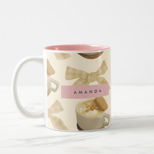 Personalized Cozy Latte & Gingham Bow Pattern ツートーンマグカップ (左)