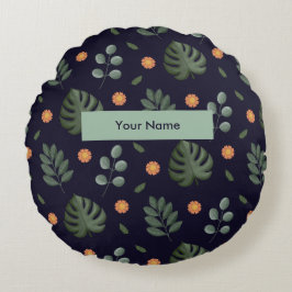 Personalized Custom Name Navy Botanical ラウンドクッション