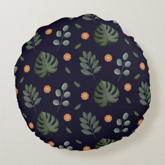 Personalized Custom Name Navy Botanical ラウンドクッション (裏面)