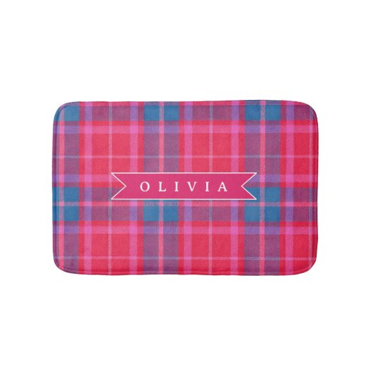 Personalized Custom Pink Fuchsia Plaid Preppy  バスマット (正面)
