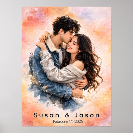 Personalized Custom Watercolor Couple Photo Gift ポスター (正面)