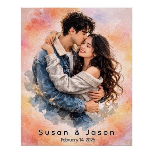 Personalized Custom Watercolor Couple Photo Gift ポスター (正面)