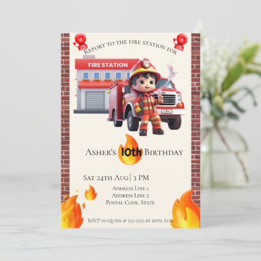 Personalized Cute 3D Fire Fighter Boy Birthday  招待状 (スタンド正面)