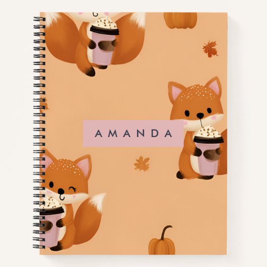 Personalized Cute Autumn Fox with Coffee Pattern  ノートブック (正面)