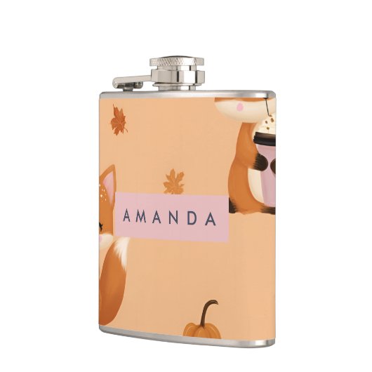 Personalized Cute Autumn Fox with Coffee Pattern  フラスク (左)