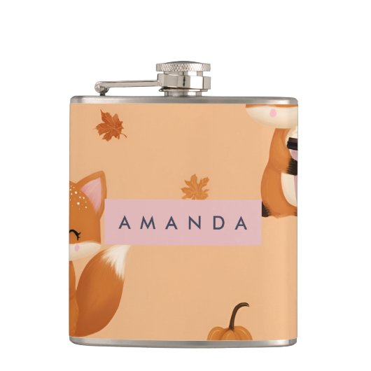 Personalized Cute Autumn Fox with Coffee Pattern  フラスク (正面)