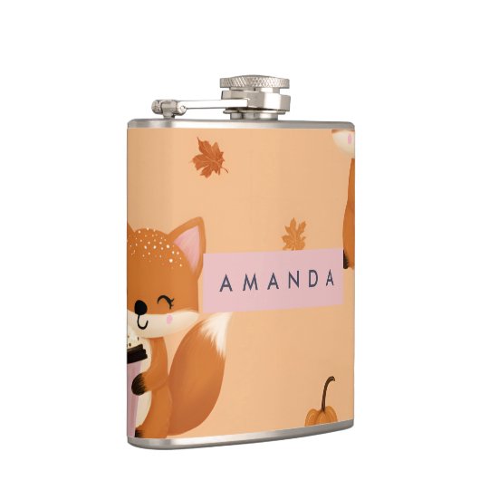 Personalized Cute Autumn Fox with Coffee Pattern  フラスク (右)