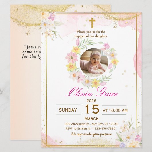 Personalized Cute Baby Girl Baptism 招待状 (正面/裏面)