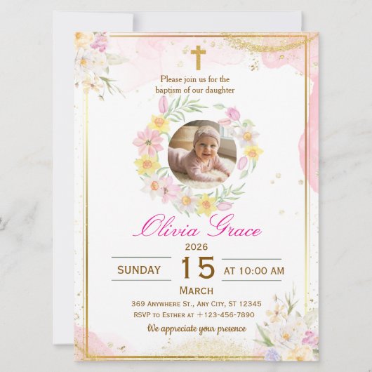 Personalized Cute Baby Girl Baptism 招待状 (正面)