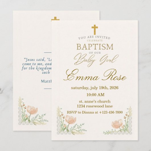 Personalized Cute Baby Girl Baptism 招待状 (正面/裏面)