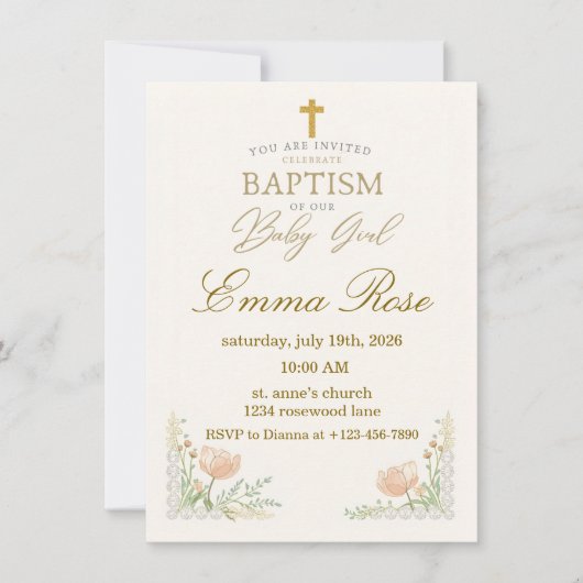 Personalized Cute Baby Girl Baptism  招待状 (正面)