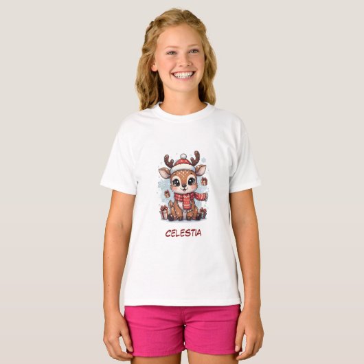 Personalized Cute Baby Reindeer Christmas Kids  Tシャツ (正面フル)