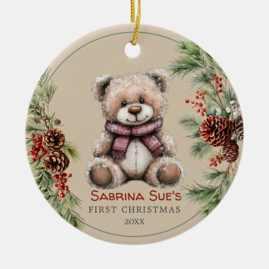 Personalized Cute Bear Baby's First Christmas セラミックオーナメント (正面)