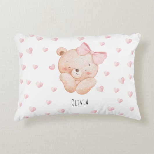 Personalized Cute Bear with pink Hearts アクセントクッション (正面)