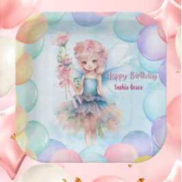Personalized Cute Blue Fairy Birthday Paper Plates ペーパープレート